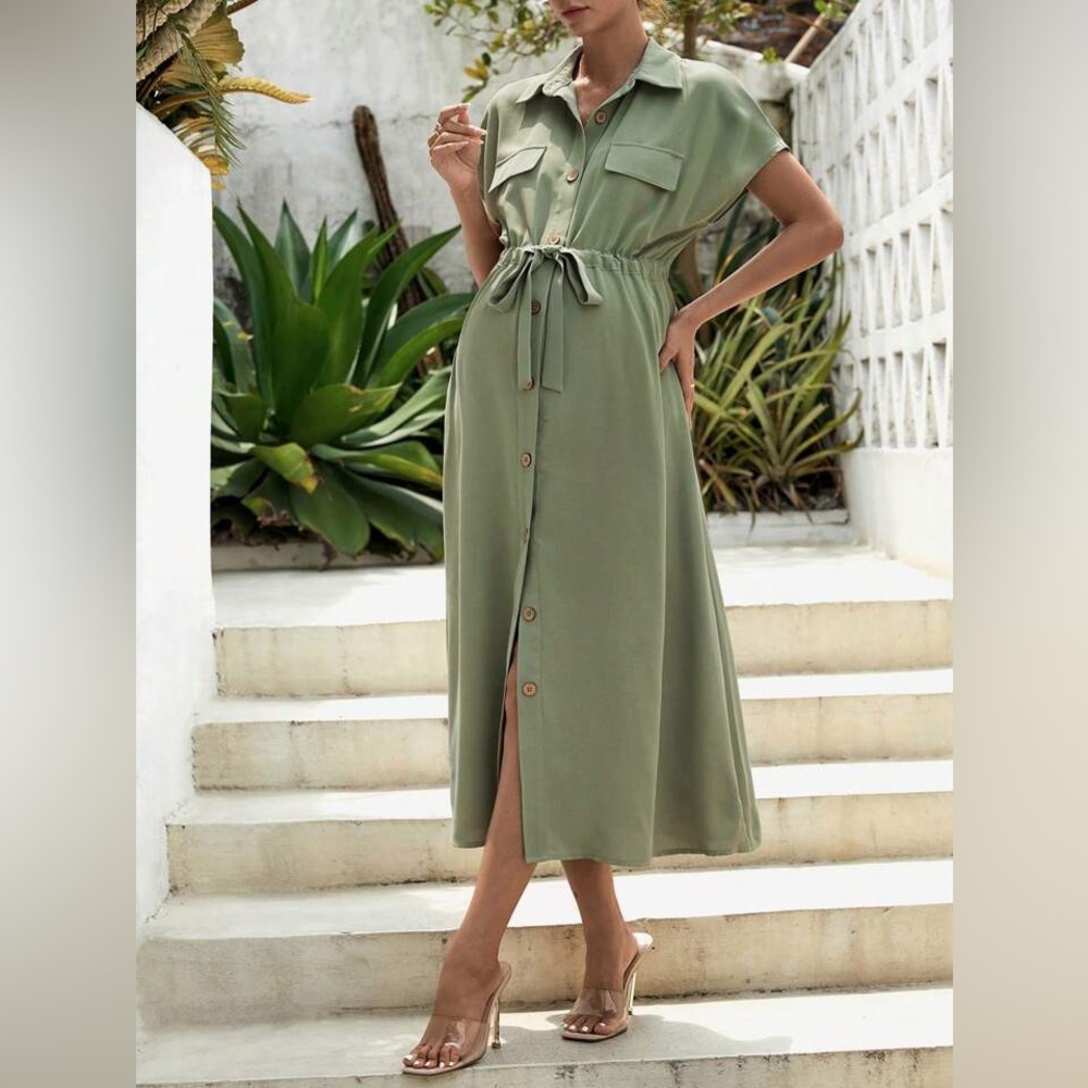 SHEIN Maternity Batwing Sleeve Drawstring Waist Solid Dress, Size XL, Sage green - Picture 2 of 10